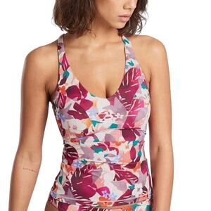 Athleta Tankini Women M Pink Daybreak Tropic Triangle Swimsuit Top Strappy UPF50